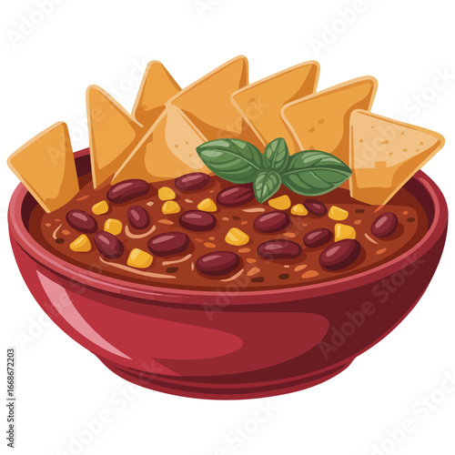 Traditional Mexican chili con carne in red bowl with nachos chips isolated vector illustration on white background