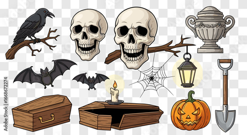 Halloween themed illustration featuring skulls, bats, coffins, and other spooky decorations here