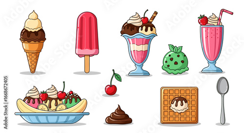 A delightful assortment of frozen treats featuring ice cream cones, sundaes, and other sweet delights