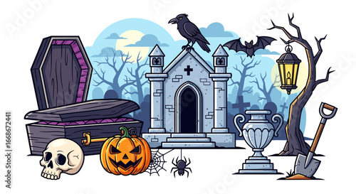 Halloween graveyard scene with a coffin, skull, pumpkin, crow, bat, and tombstone illustration