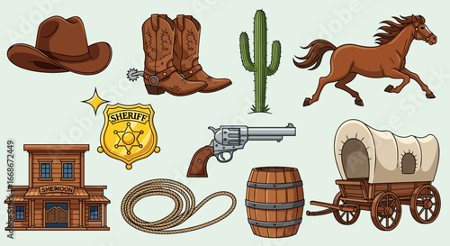 Illustration showcasing various western themed elements including a horse, boots, and a sheriff badge