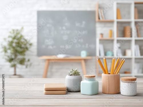 Wooden Pencils and Succulent Plant on Desk, Classroom Background