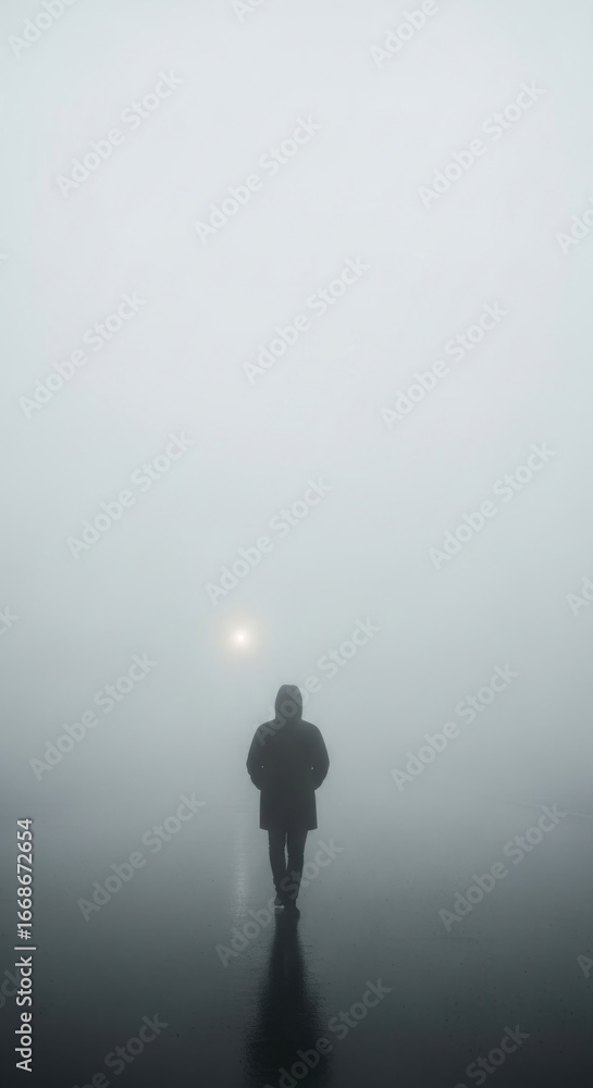Fototapeta premium Solitary figure walking through dense fog on a quiet path with a distant light illuminating the scene
