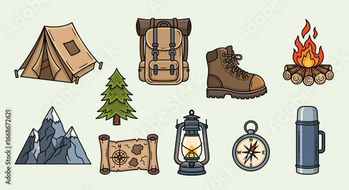 Illustration of camping equipment including a tent backpack boot and other outdoor items