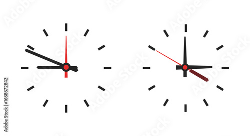 Two analog clock faces with red and black hands on white background