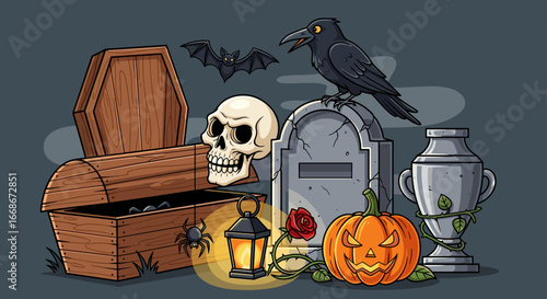 Cartoon halloween scene featuring a coffin, skull, pumpkin, crow, bat, and tombstone in a graveyard