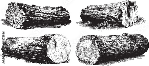 Black and white vector illustration of a large log, simple woodcut style, clip art for print-on-demand items in black ink only, white background.eps