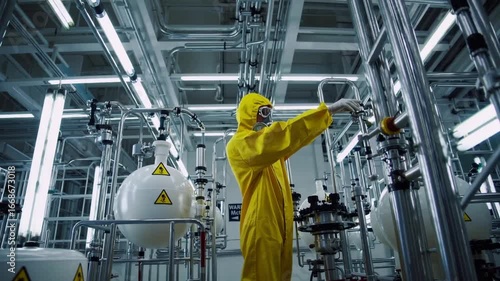 Chemical industry worker in yellow protective suit and gas mask producing sulfuric acid