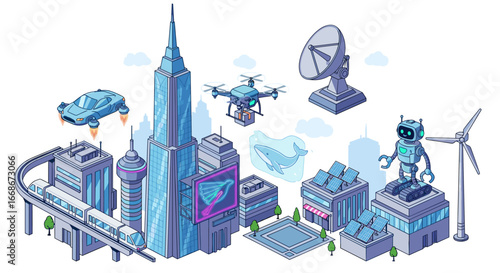 Isometric view of a futuristic city with flying car drone robot and renewable energy sources shown clearly