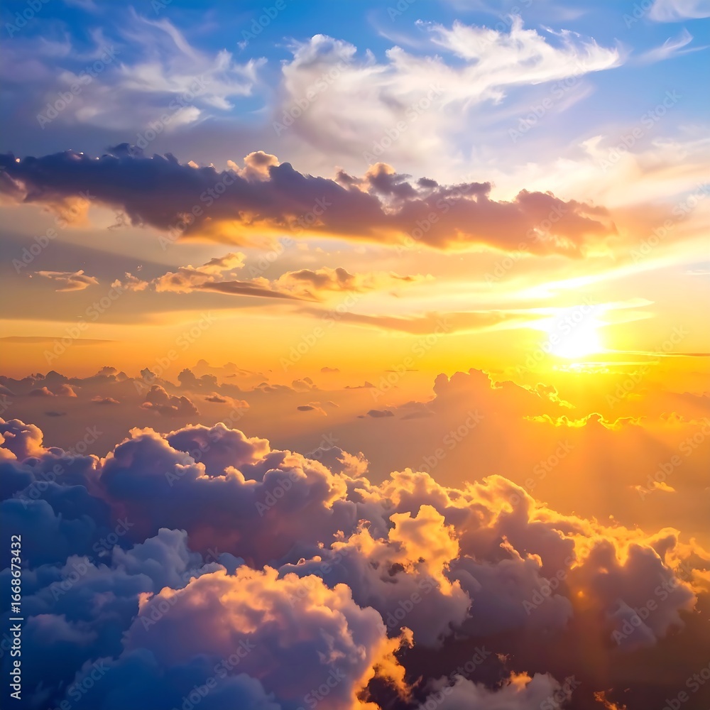 Fototapeta premium A vibrant sunset with the sun's rays bursting through golden clouds, as seen from above