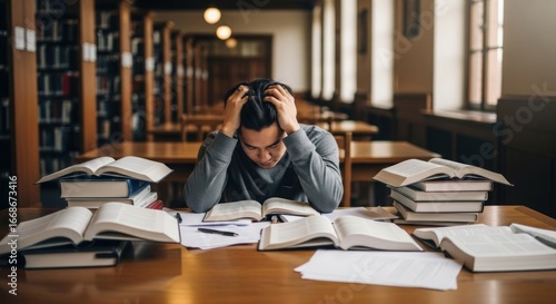 Stressed Asian student studying in library, overwhelmed by books