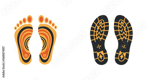 Footprints and soles with orange and black patterns on white background