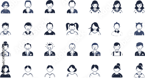 Illustration showing a collection of diverse stylized avatar portraits in black and white tones | editable eps vectors silhouette