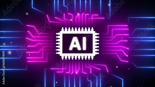 Wallpaper Mural Glowing neon AI circuit board background. Computer motherboard with a chip, Processor with artificial intelligence AI.Minimal chip icon with AI . technology circuit board with ai text animation . Torontodigital.ca