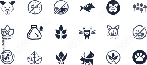Collection of various animal and nature related icons including cats fish and plants displayed | editable eps vectors silhouette