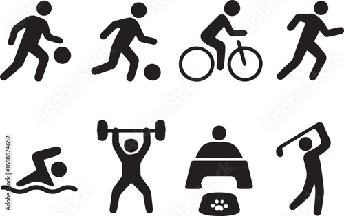 A set of sports icons featuring a black silhouette of a person jumping a BMX bicycle for an extreme stunt