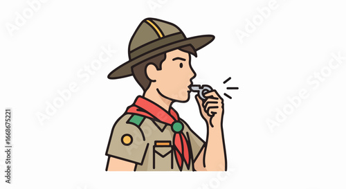 Boy Scout in uniform blowing a whistle, side view.
