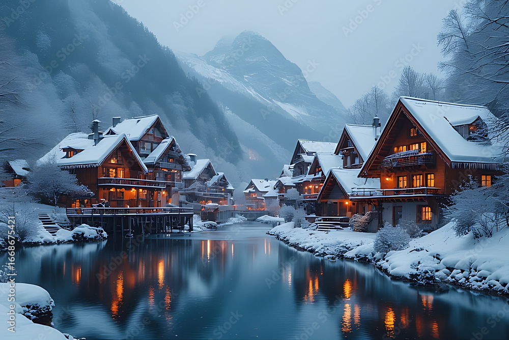 Fototapeta premium Snow covered village with glowing windows on a calm lake