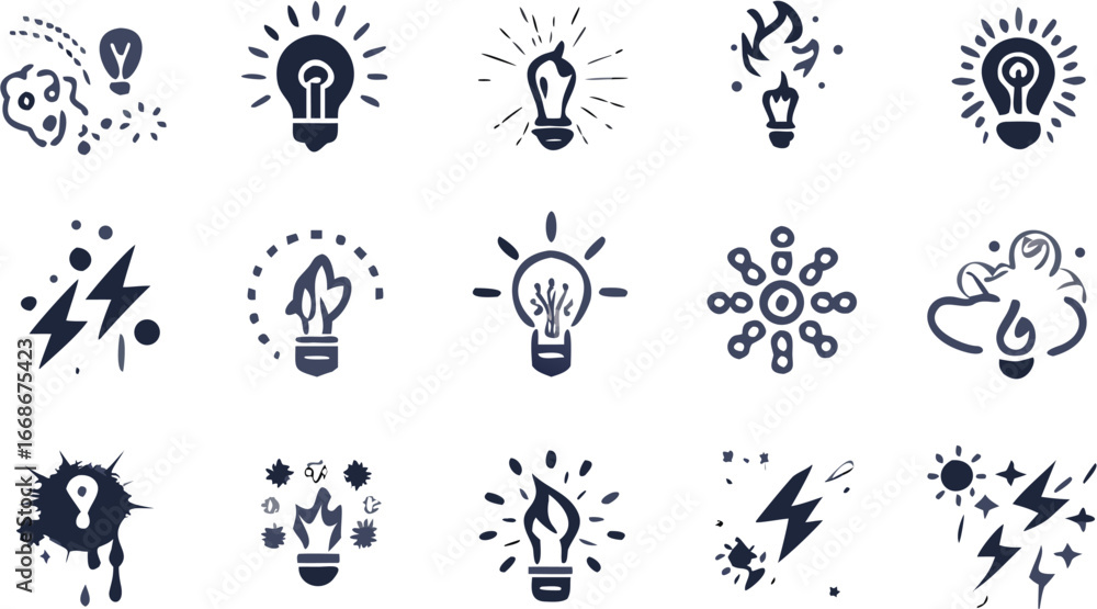 Fototapeta premium Collection of fifteen stylized light bulb and energy themed icons in black and white illustration | editable eps vectors silhouette
