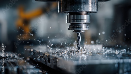 Close-up view of a metalworking machine drilling metal