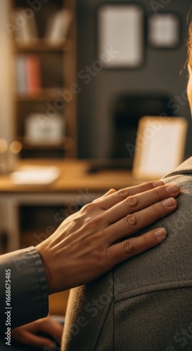 Therapist comforting patient in office, support, empathy