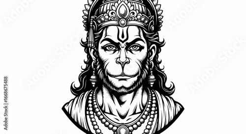 Lord Hanuman Hindu Deity Black and White Illustration.