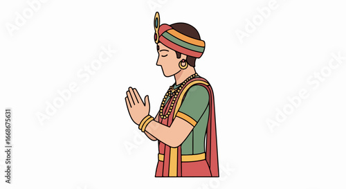 Man in traditional attire with hands together in prayer.