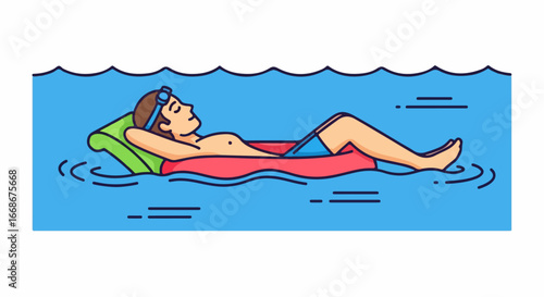 Man relaxing on inflatable mattress in swimming pool.