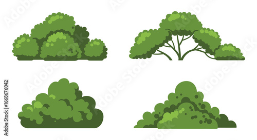 Four different green tree and bush clusters in various shades and styles