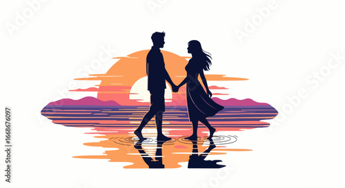 Couple walking hand in hand on beach at sunset.