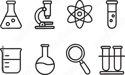 Vector illustration of a black silhouette icon set of laboratory glassware and equipment