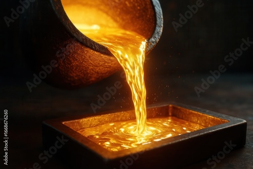 Molten gold pours from a crucible into a rectangular mold.