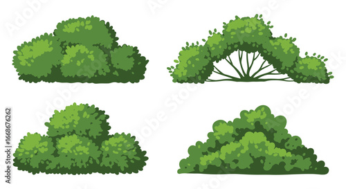 A set of four different green bushes and trees in various shapes and sizes