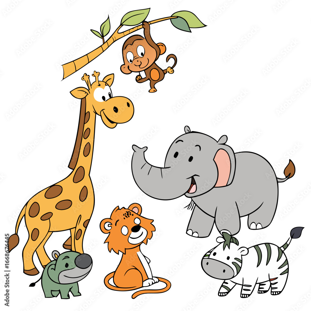 Naklejka premium Cartoon illustration of jungle animals including an elephant, giraffe, monkey, zebra, tiger, and rhino, , perfect for childrens designs