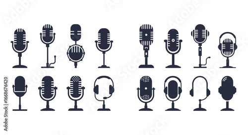 Collection of various vintage and modern microphone illustrations in black