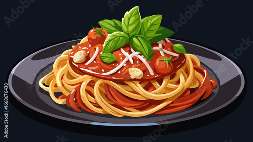 Close-up of spaghetti with bolognese sauce served on a black plate. Italian pasta meal with tomato, basil leaves, parmesan cheese. Food photography, culinary