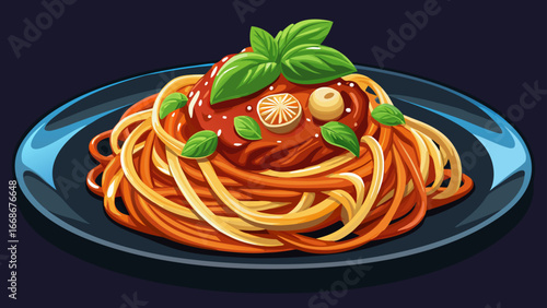 Close-up of spaghetti with bolognese sauce served on a black plate. Italian pasta meal with tomato, basil leaves, parmesan cheese. Food photography, culinary