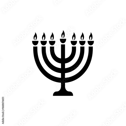 Black silhouette of a menorah with seven burning candles celebrating jewish heritage and traditions white background