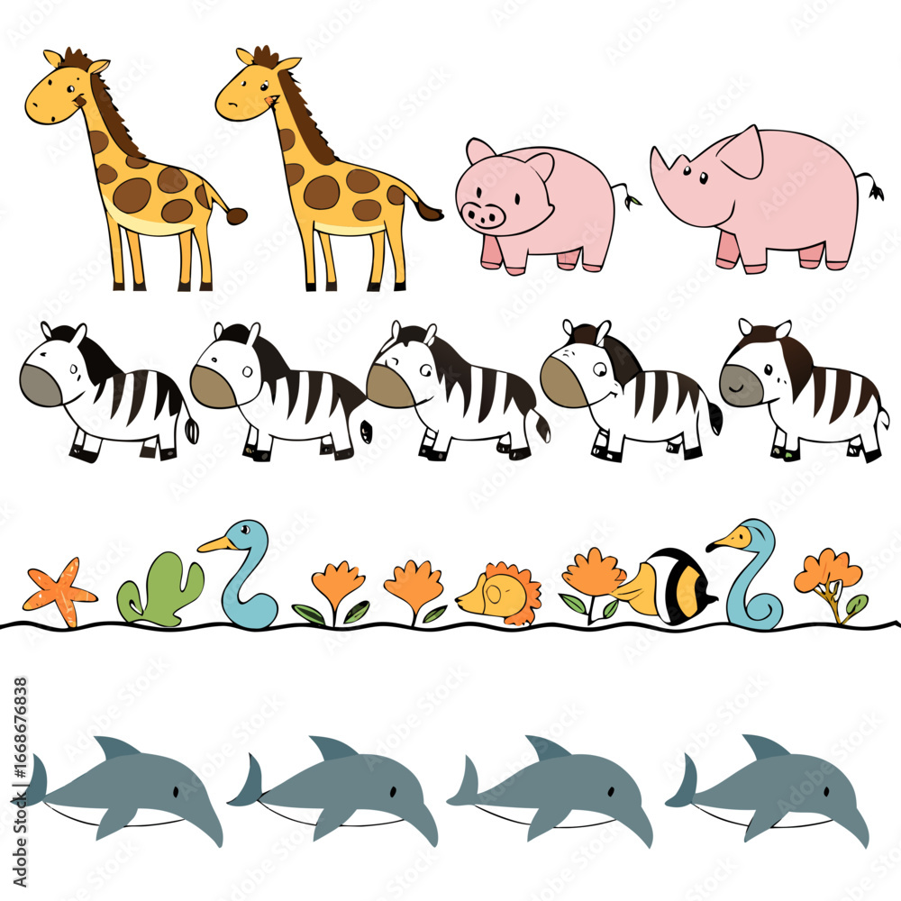 Obraz premium Cartoon illustration of giraffes, pigs, rhinos, zebras, and dolphins, , perfect for childrens books and educational materials