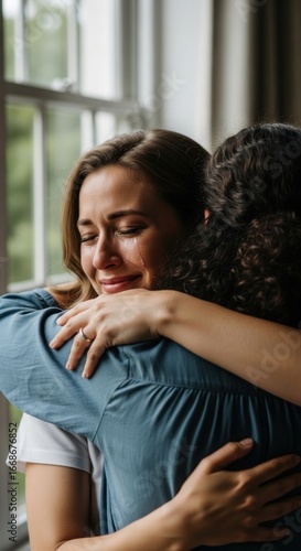 Two women embrace warmly near a window, one crying tears of joy or relief.  Sunlight streams in, highlighting the intimate moment