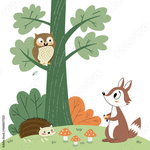 A charming cartoon illustration featuring an owl perched in a tree, a squirrel holding a nut, and a hedgehog amidst mushrooms in a whimsical forest scene