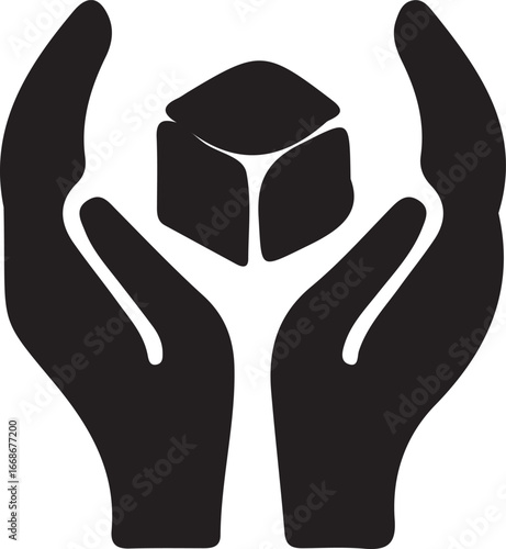 Hands protecting a cube icon