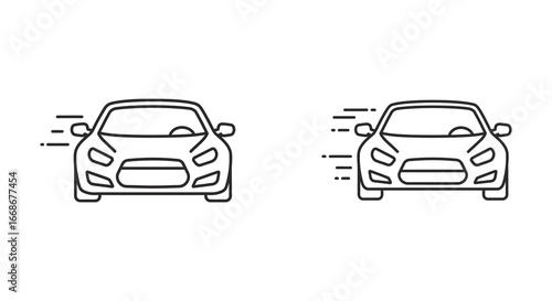 Simple line drawing of two cars speeding from left to right