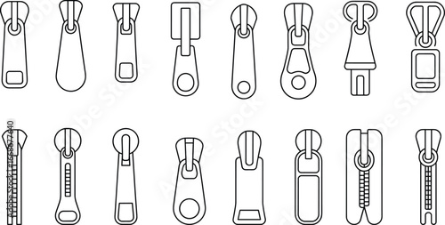 Zipper puller flat sketch set, collection of zip slider designs, garment accessory illustrations, fashion hardware elements for clothing design
