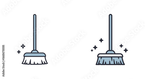 Two clean brooms with sparkling dust particles around them on white background