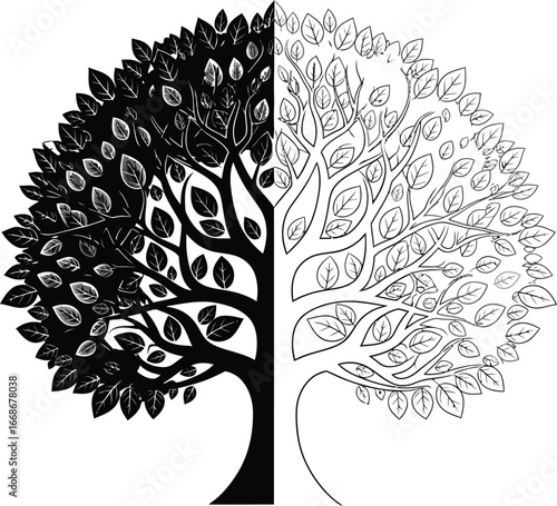 Black and white tree representing duality and balance in nature
