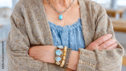 Close-up of Elderly Woman Wearing Handmade Bone and Turquoise Jewelry