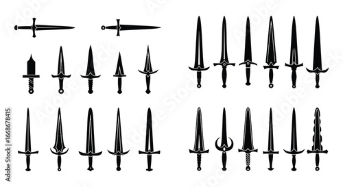 Collection of various medieval swords and daggers on white background