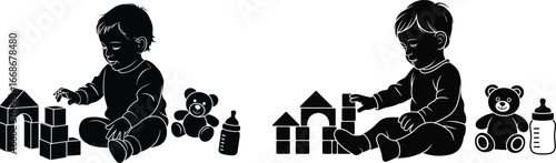 Baby silhouette playing with blocks, toddler sitting with bottle and teddy bear, black vector art, child development concept illustration