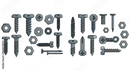 A collection of various screws and nails with different types of heads
